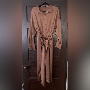 BTFBM Brown Satin Button-Up Ruched Long Dress